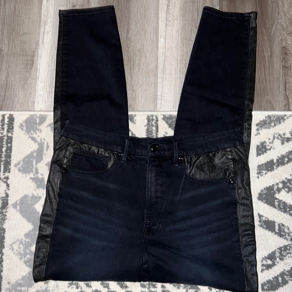Good American Black with Faux Leather accents Skinny jeans size 15 high rise
